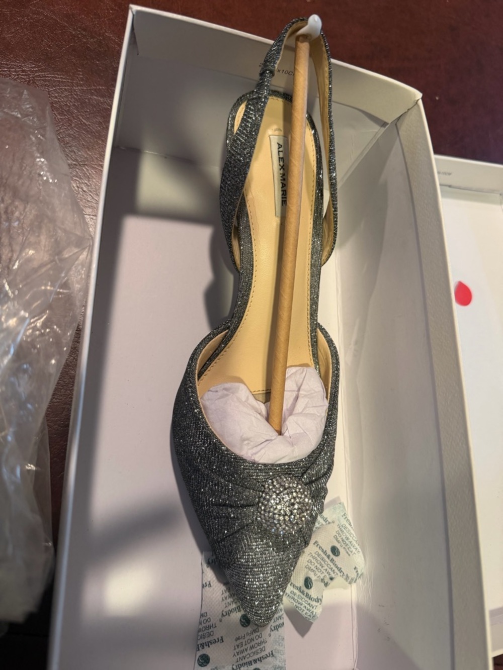 Alex Marie Silver Glitter Pointed Toe Slingback Pumps with Crystal Accent